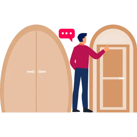 Boy talking about wooden door  Illustration