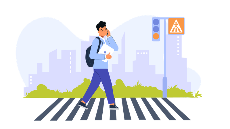 Boy talking on mobile while walking on zebra crossing  Illustration