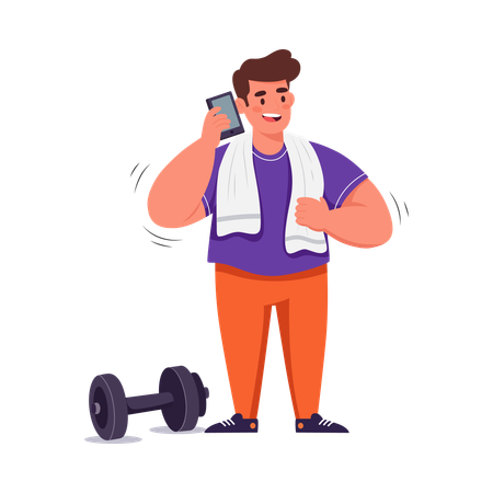 Boy talking on phone while doing exercise  Illustration