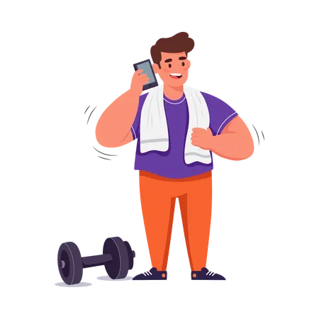 Boy talking on phone while doing exercise  Illustration