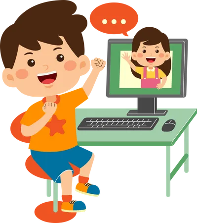 Cute Little Kid Boy Use Computer Illustration