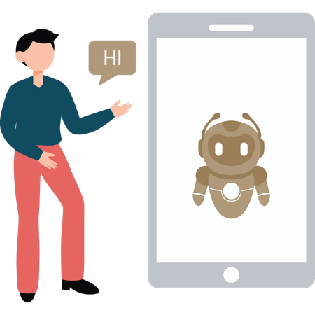 Boy talking to an AI robot on phone  Illustration