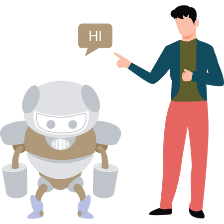 Boy talking to artificial intelligence robot  Illustration