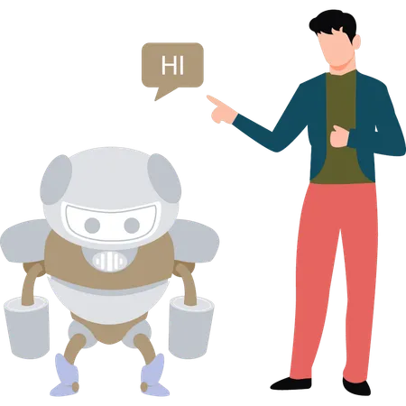 Boy talking to artificial intelligence robot  Illustration