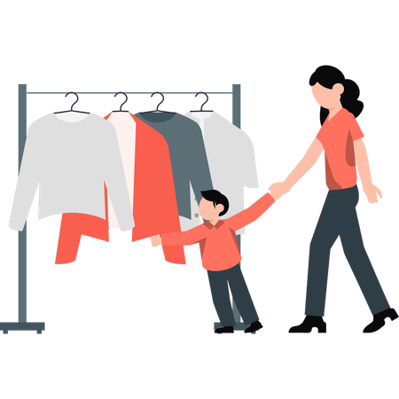 Boy talking to his mother about new clothes  Illustration