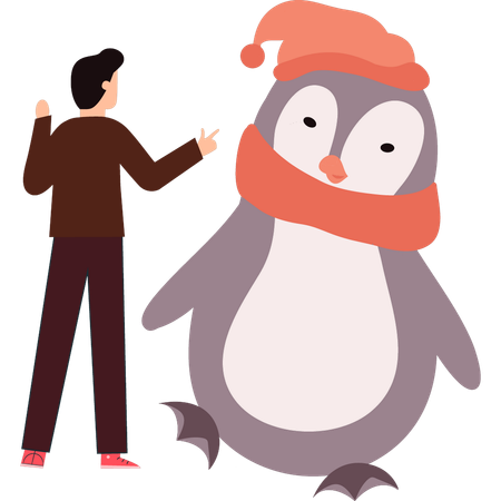 Boy talking with penguin  イラスト