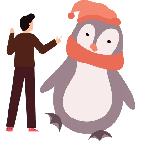 Boy talking with penguin  イラスト