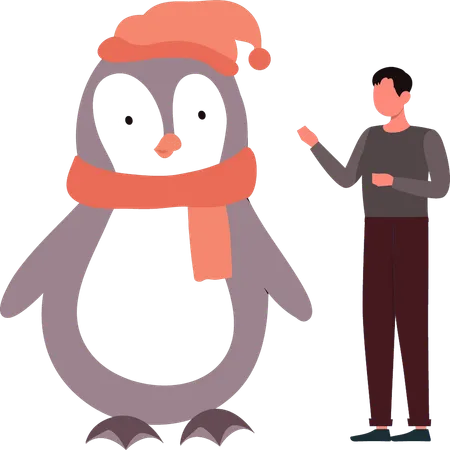 Boy talking with penguin  Illustration