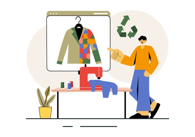 Boy telling about clothes recycling  Illustration