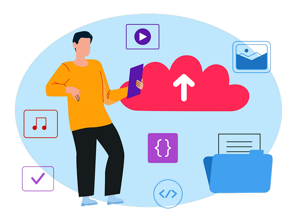 Boy telling about cloud media  Illustration