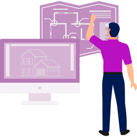 Boy telling about house construction map on monitor  Illustration