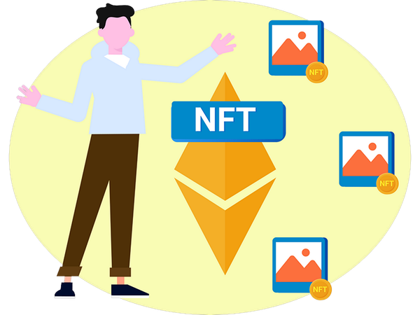 NFT 토큰에 대해 이야기하는 소년  일러스트레이션