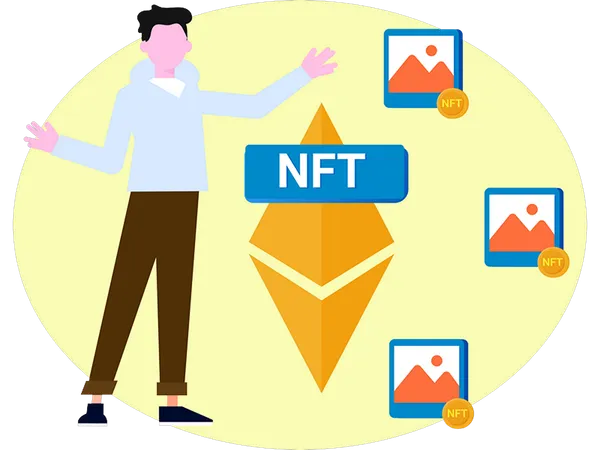 NFT 토큰에 대해 이야기하는 소년  일러스트레이션