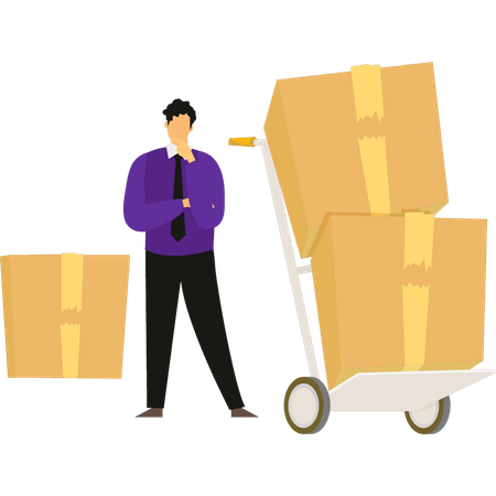 Boy thinking about delivering cardboard packages  Illustration
