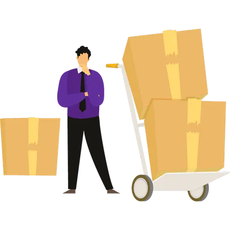 Boy Thinking About Delivering Cardboard Packages Illustration