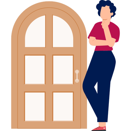 Boy thinking about door pane  Illustration