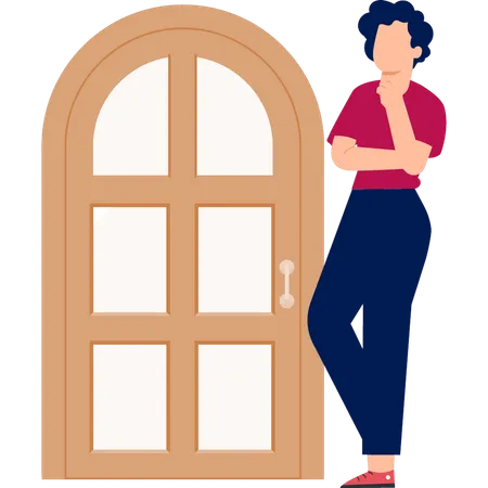 Boy thinking about door pane  Illustration