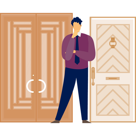 Boy thinking about door way  Illustration