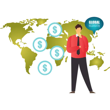 Boy thinking about global currency  Illustration