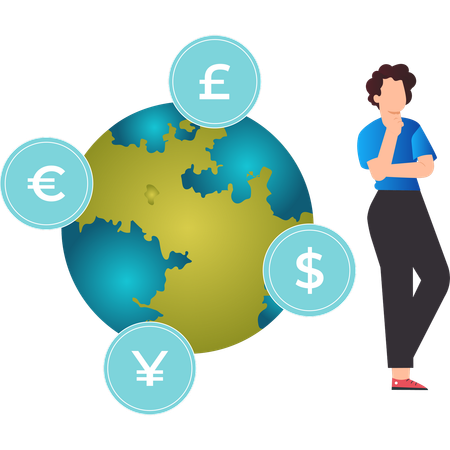 Boy thinking about global currency  Illustration