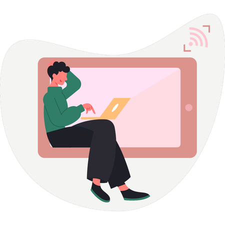 Boy thinking about WIFI signal  Illustration