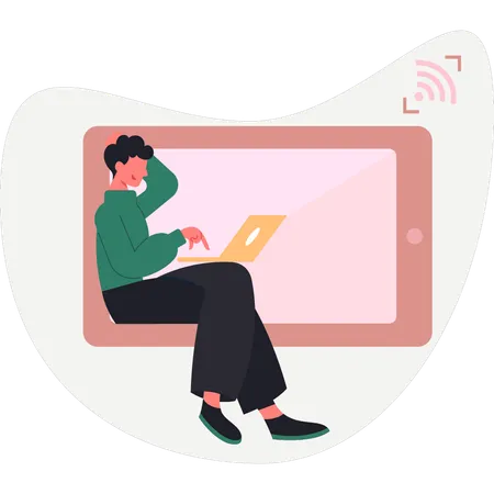 Boy thinking about WIFI signal  Illustration