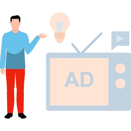 Boy thinking of advertisements on television  Illustration