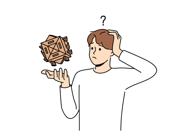 Boy thinks how to solve rubiq cube  Illustration