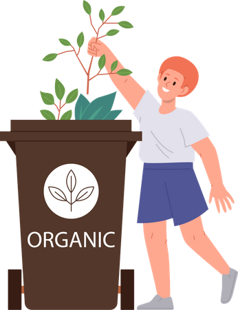 Boy throwing out organic natural waste in bin  Illustration