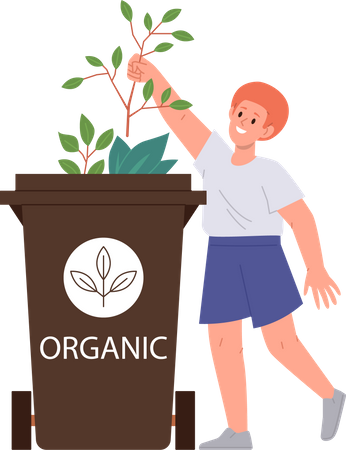 Boy throwing out organic natural waste in bin  イラスト