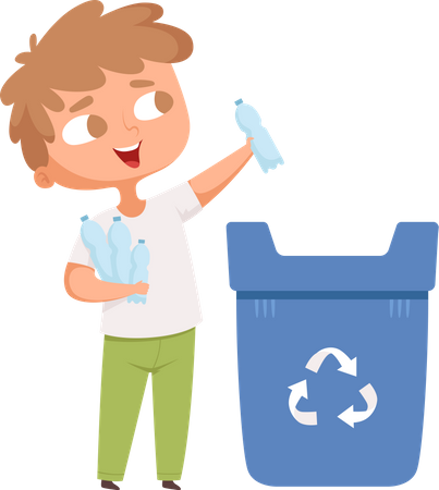 Boy throwing plastic bottle in dustbin Illustration