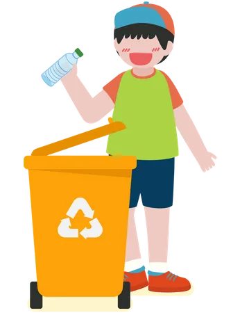 Boy throwing plastic bottle in trash  Illustration