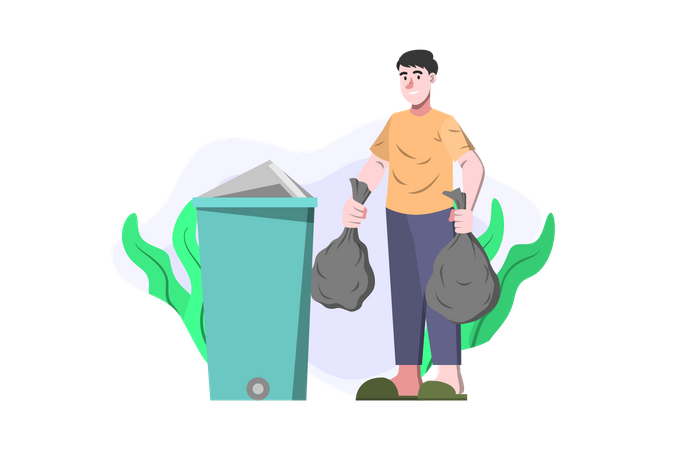 Boy throwing trash into bin Illustration