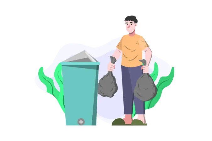 Boy throwing trash into bin Illustration