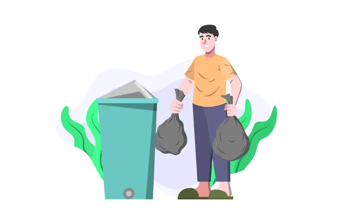 Boy throwing trash into bin  Illustration