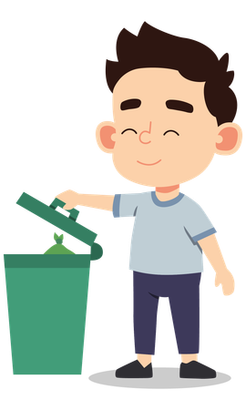 Boy throws waste in dustbin  Illustration