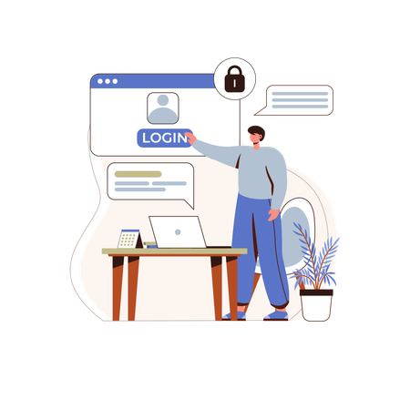 Boy touches the login button  Illustration