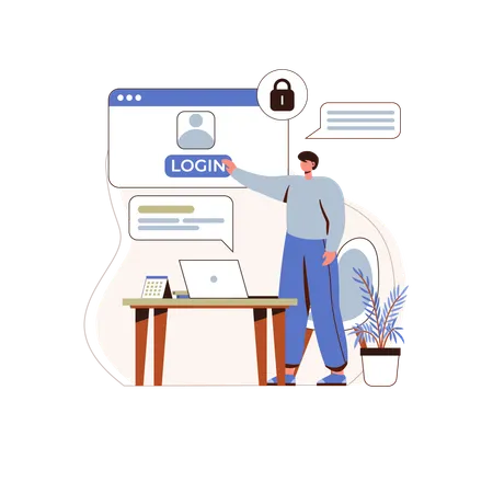 Boy touches the login button  Illustration