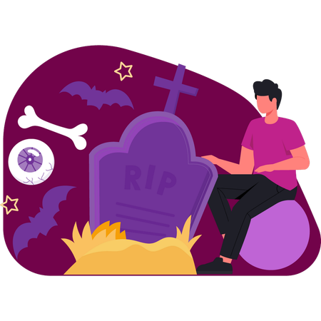 Boy touching halloween death grave  Illustration