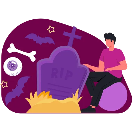 Boy touching halloween death grave  Illustration