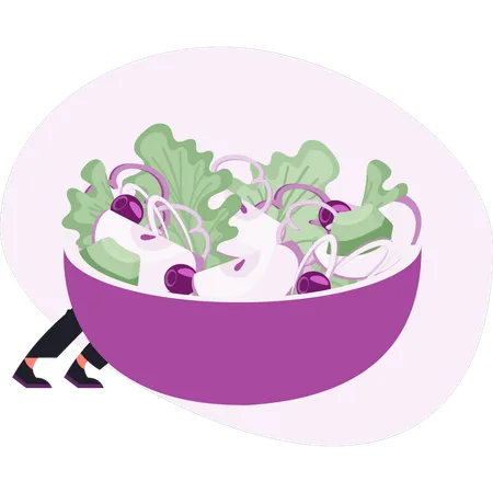 Boy  touching salad bowl  Illustration