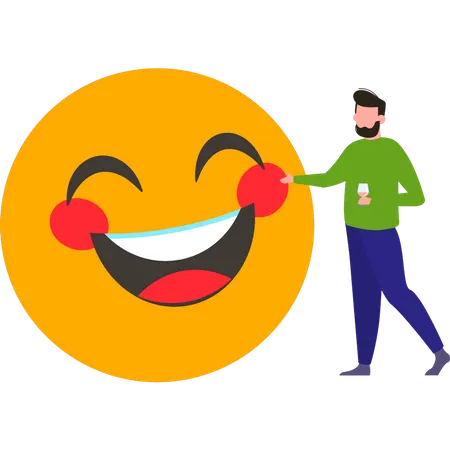 Boy touching smiley emoji  Illustration
