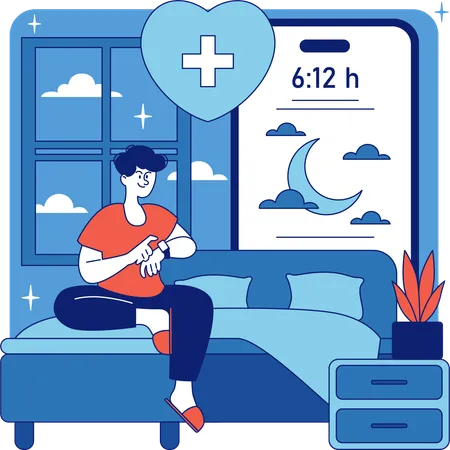 Boy tracking sleep quality using smartwatch  Illustration