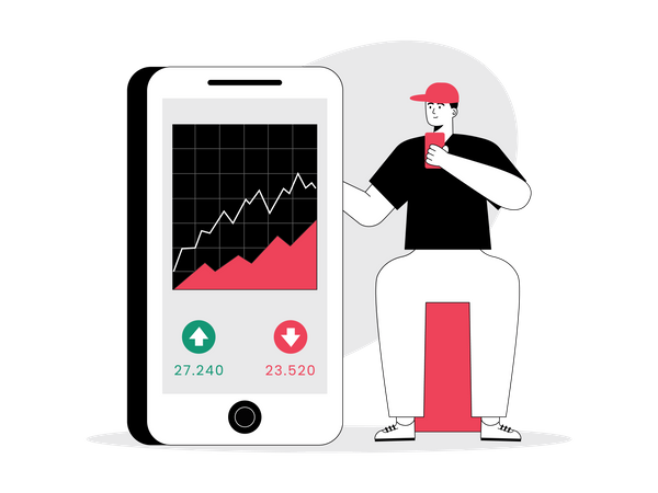 Boy trading stock using mobile app Illustration