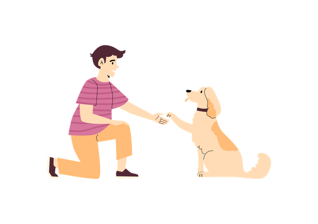Boy training his dog  give paw command  Illustration