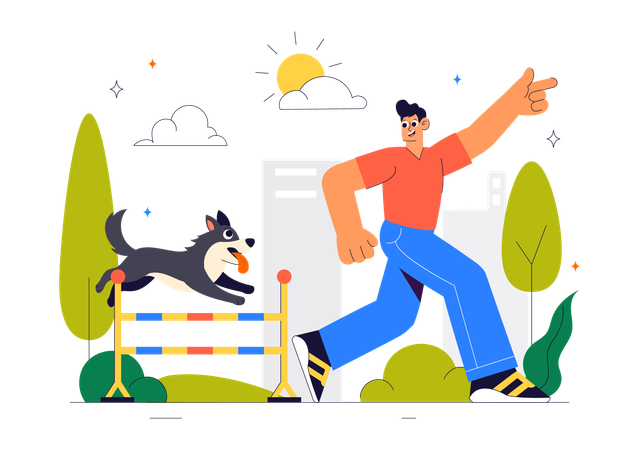 Boy training pet in ground  Illustration