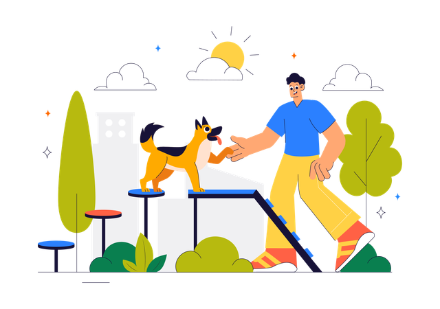 Boy training pet in ground  Illustration