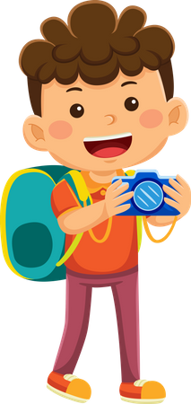 Boy Traveler Holding Camera Taking Picture  Illustration