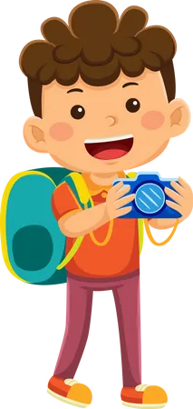 Boy Traveler Holding Camera Taking Picture  Illustration