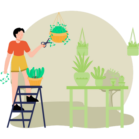 Boy trimming plants  Illustration